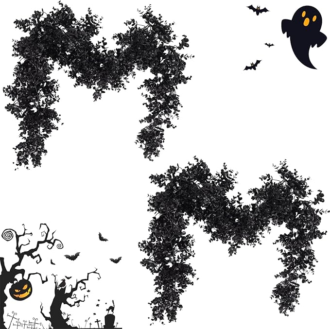 Black Artificial Flowers Eucalyptus Garlands Halloween Garland Black Leaf Garland with Flowers Fake Floral Greenery for Halloween Party Decor Home Backdrop Wall Fall Decor