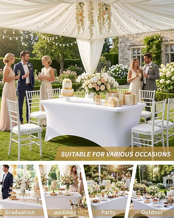 Fixwal White Table Cloth for 8FT Rectangle Tables, 6 Pack Rectangular Tablecloths Stretch Spandex Fitted Table Covers 8FT for Parties, Trade Shows, Banquet, Weddings, Buffet, Graduation Decorations
