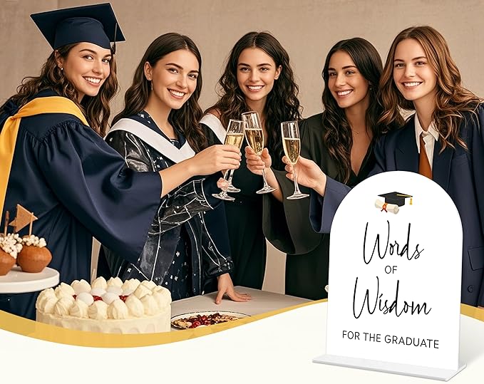 Graduation Words of Wisdom Sign, 6 x 8 Inch White Arch Acrylic Grad Party Sign with Holder, Graduation Party Sign for Class of 2026, Grad Decor, High School College Party Supplies - DL03