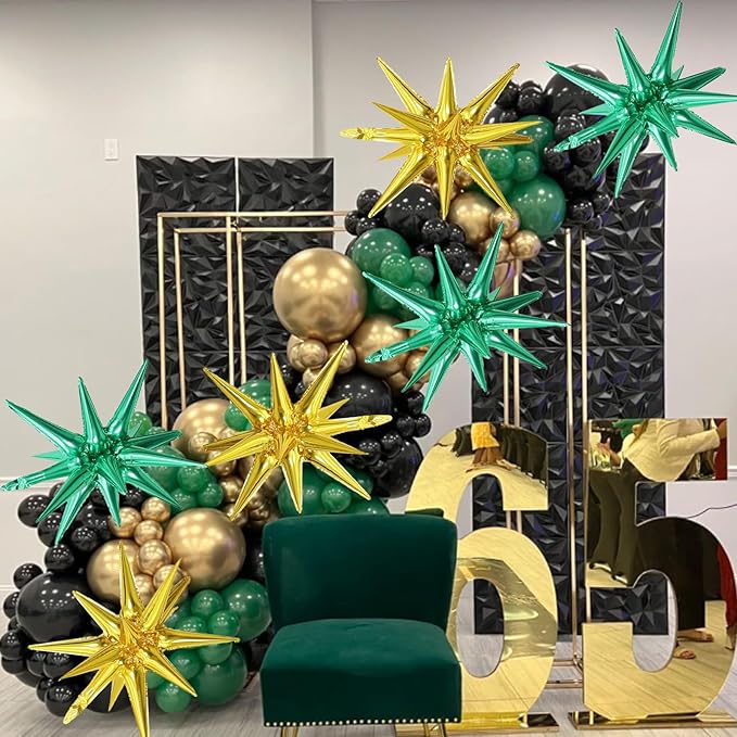 6PCS Green Gold Star Balloons, 22Inch Large Star Shaped Balloon Foil Spike Balloon Cone Balloons for Graduation Birthday St. Patrick's Day Baby Shower Jungle Party Decorations