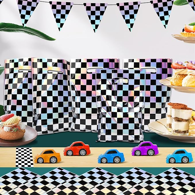 Mikzhskr 30Pcs Race Car Party Favors Bag Black and White Iridescent Laser Checkered Candy Bags Soccer Theme Goodie Bags with Handles for Kids Race Car Birthday Party Supplies