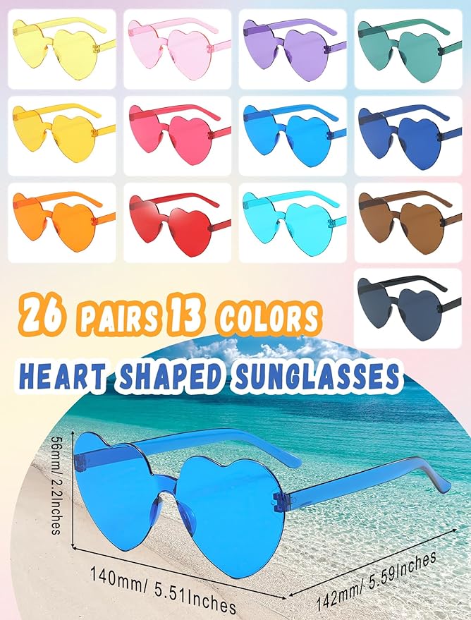 12/26/36 Pairs Rimless Heart Shaped Sunglasses Transparent Glasses Bulk Fun Sunglasses for Party Favors