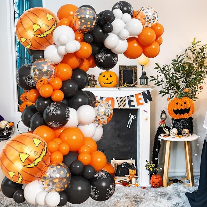 Orange Black Halloween Balloon Arch Garland Kit with 4D Pumpkin Foil Balloon, 110pcs Spider Web Print Halloween Latex Balloons for Kids Trick or Treat Baby Shower Birthday Party Decoration Supplies