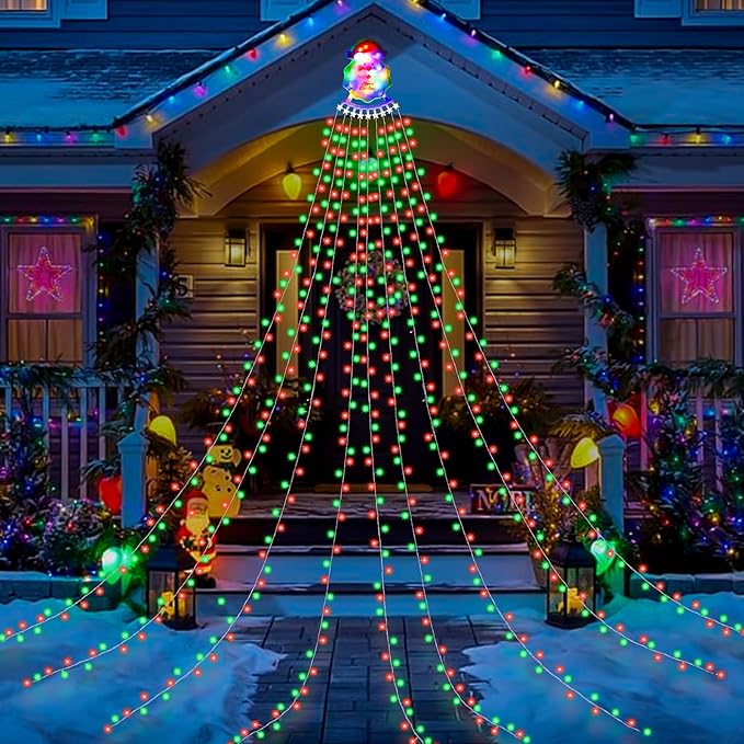 Christmas Waterfall Outdoor String Lights, Christmas Tree Lights with Topper 335 LED 11.48ft 9 Strands, 8 Lighting Modes Holiday New Year Decoration Lights for Wedding Yard Party Home Indoor Decor