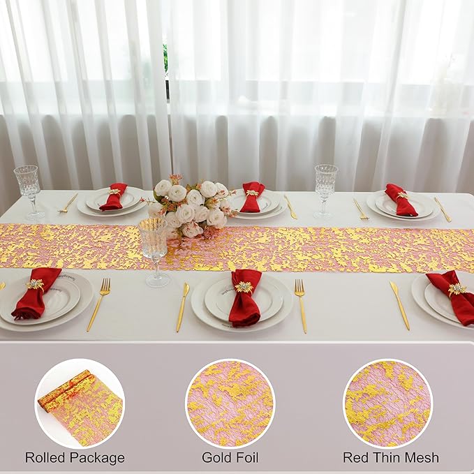 Snowkingdom 2Pcs Red Gold Table Runner, 11×108 Inch Sequin Glitter Foil Metallic Thin Mesh Table Runner, Gold Sparkle Centerpiece for Wedding Party Birthday Holiday Kitchen Dinner Decoration