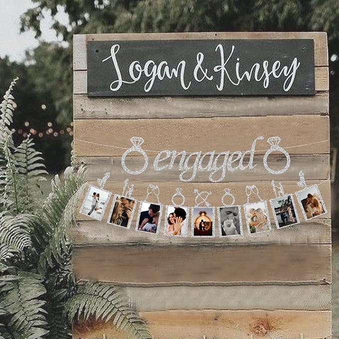 Engagement Wedding Decorations - Silver Engaged Banner and Photo Banner for Party Decor
