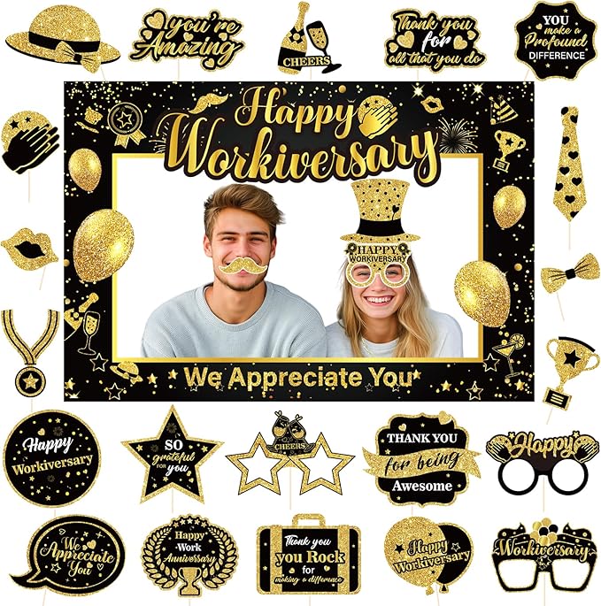 We Appreciate You Thank You Decorations Happy Work Anniversary Decorations Black Gold Selfie Photo Frame & 25pcs Photo Booth Props for Employee Staff Teacher Doctor Graduation Party Decor Supplies