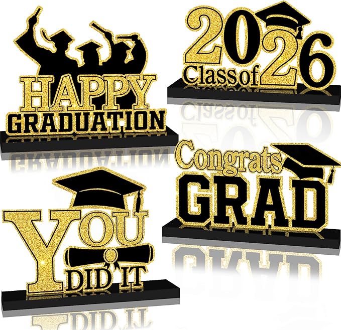 4Pcs Graduation Decorations Class of 2026 Wood Table Centerpieces Congrats Grad Wooden Sign Graduation Table Toppers Congratulate Tiered Tray Decor for 2026 Graduation Party (Black-Gold)
