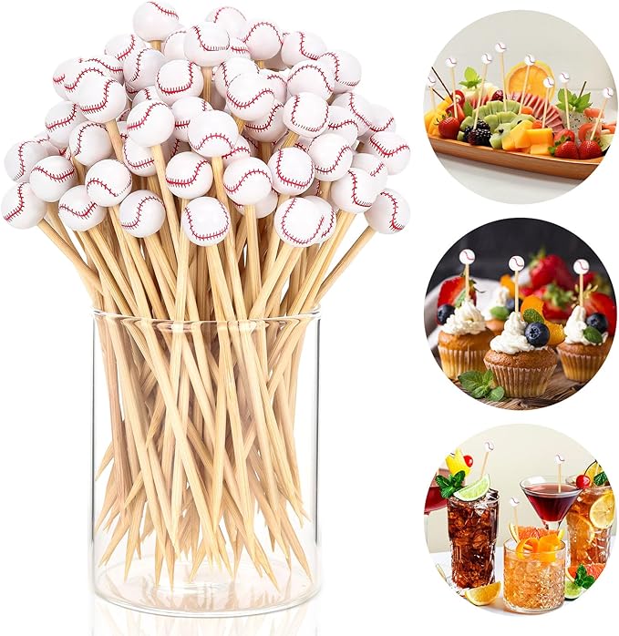 100 Pcs Baseball Toothpicks, 4.72 Inch Baseball Cocktail Picks for Appetizers, Long Bamboo Toothpicks, Decorative Toothpicks Skewers for Holiday Birthday Party Decorations (Baseball 3D)
