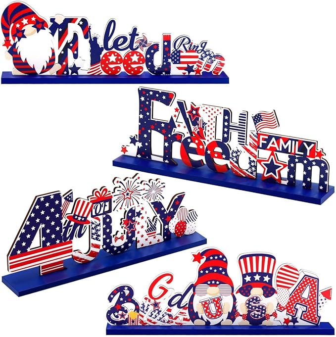 Hommtina 4 Pcs 4th of July Decorations Patriotic Decorations 4th of July Gnomes Memorial Day Decorations Red White and Blue Decorations for House School Classroom