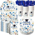 400 Pcs Class of 2026 Blue Floral Graduation Decorations for 50 Guests, Blue Gold Flower Graduation Paper Plates Napkins and Cups Cutlery Grad Tableware for 2026 Congrats Grad Party Supply