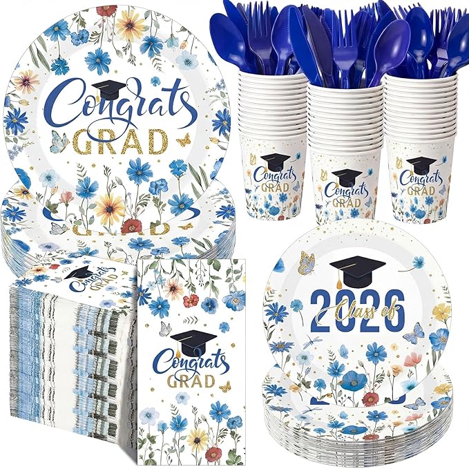 400 Pcs Class of 2026 Blue Floral Graduation Decorations for 50 Guests, Blue Gold Flower Graduation Paper Plates Napkins and Cups Cutlery Grad Tableware for 2026 Congrats Grad Party Supply