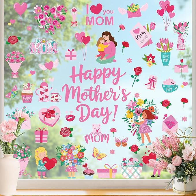 90 PCS Mothers Day Decorations, 9 Sheets Mothers Day Window Clings, Double-Sided Flower Window Clings with Carnations Hearts Boxes Designs, Mom Decorations for Glass Home Office School Party