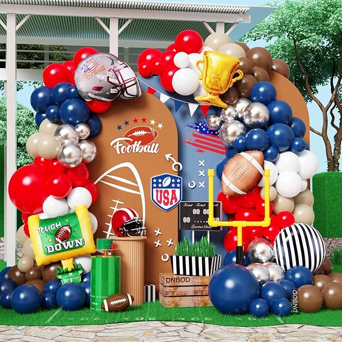 Football Balloon Arch Kit,140Pcs Red Navy Blue Silver Balloon Garland with Football,Helmet,Field Goal Post,Trophy Foil Balloons for Sports Rugby Birthday Big Game Touch Down Tailgate Party Decoration