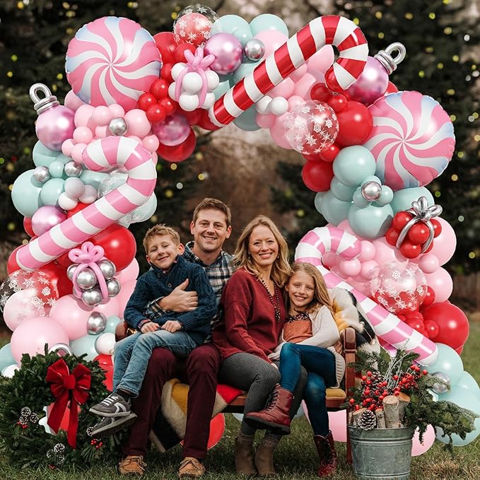 Pastel Pink Christmas Balloon Garland Arch Kit, Red Pink Green Snowflake Balloons Candy Cane Peppermint Foil Balloons for Christmas Birthday Baby Shower Decorations Xmas Candyland Nutcracker Party