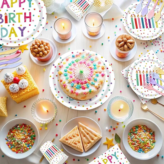 142pcs Happy Birthday Party Supplies Set with Colorful Polka Dots Design- Includes Disposable Paper Birthday Plates and Napkins, Cups, Tablecloth, and Banner，Dots Party Supplies Serves 20 Guests