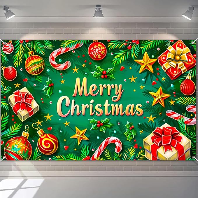 Christmas Banner Merry Christmas Decoration Green Red Holiday Wall Backdrop Festive Ornaments Gift Candy Cane Tree Decor for Home Office Party Indoor Outdoor 71 X 43 Inches