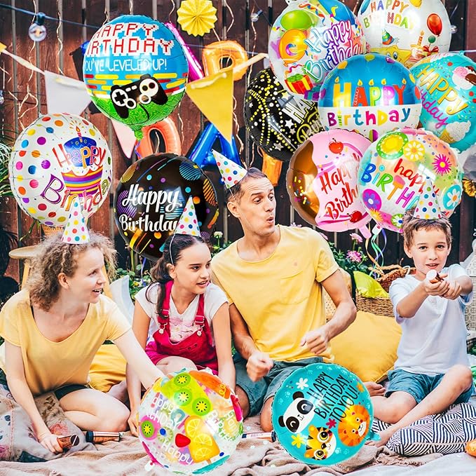 180Pcs Happy Birthday Mylar Balloons, 18IN Round Birthday Foil Helium Balloons Bulk for Party Decoration Supplies