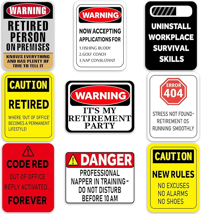 Happy Retirement Party Decorations - 9PCS Signs, Retirement Gifts for Women & Men, Table Centerpieces Yellow Caution Logos on Door Windows Yard Garden Warning Retired Person On Premises Sign