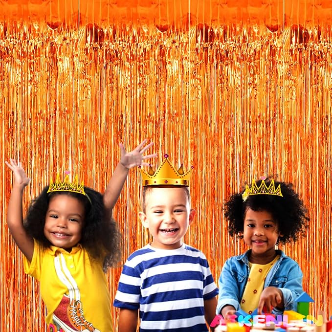 4 Pack 3.2Ft x 8.2Ft Orange Foil Fringe Curtain Backdrop, Metallic Tinsel Foil Fringe Streamers Curtains Background for Photo Booth, Birthday, Wedding, Disco, Bachelorette, Christmas Party Decoration