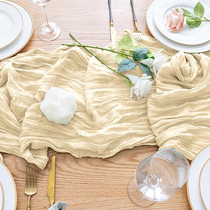 Wokceer Cheesecloth Table Runner Christmas 12 Pack 10FT Beige Boho Gauze Cheese Cloth Table Runner for Party Long Rustic Sheer Table Runners for Baby Bridal Shower Wedding Easter Table Decor