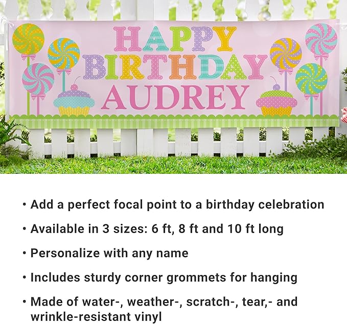 Let's Make Memories Personalized Pink Happy Birthday Banner for Kids - Custom Birthday Party Decorations - Indoor/Outdoor Vinyl - Any Name - Sweets Design - 6ft