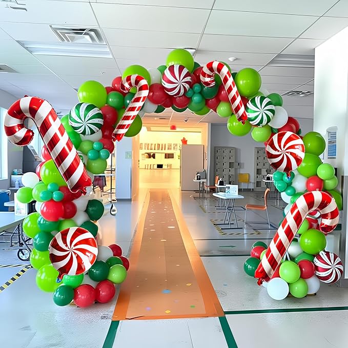 Christmas Balloon Arch Garland Kit, 141Pcs Red and Green White Xmas Balloon with Candy Cane Gold Explosion Star Foil Balloons for Merry Christmas Holiday Woodland Winter New Year Party Decorations