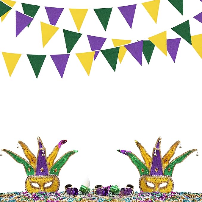 46Ft Yellow Green Purple Party Decorations Yellow Green Purple Burlap Banner Triangle Pennant Flag Linen Garland Streamers for Mardi Gras Birthday Baby Shower Rustic Spring Wedding Mardi Gras Decor