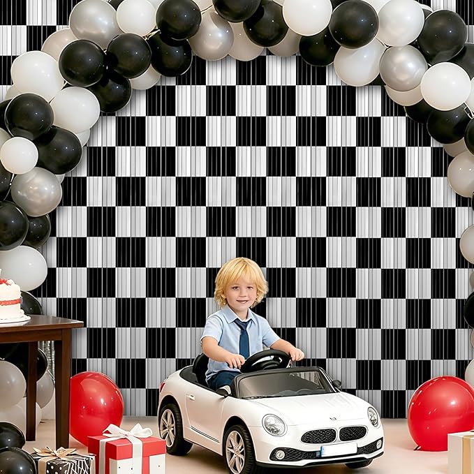 Crosize 2 Pack 3.3 x 9.9 ft Race Car Party Decorations Fringe Curtains, Black & White Tinsel Curtain Backdrop for Parties, Door Streamers, Glitter Streamer Backdrop for Birthday Decoration