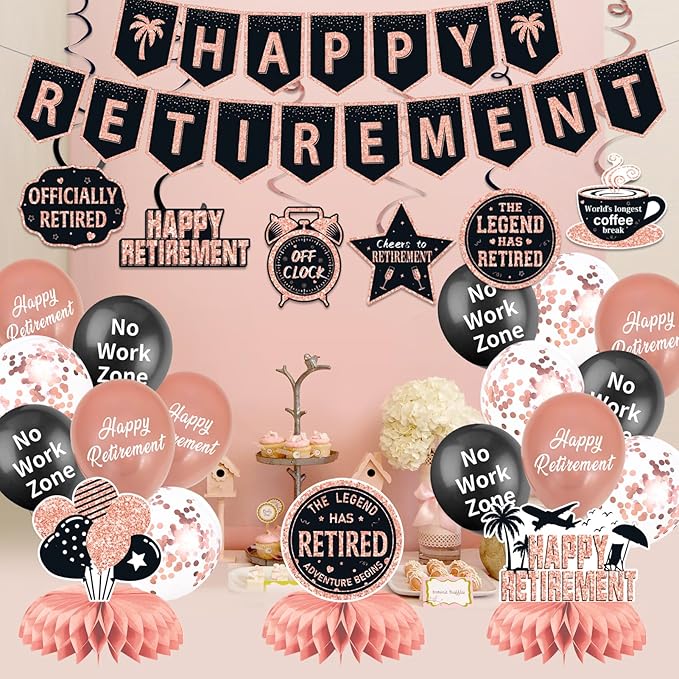 25Pcs Retirement Party Decorations for Women, Rose Gold Happy Retirement Banner Balloons Party Supplies, The Legend Has Retired Farewell Theme Honeycomb Centerpiece Swirl Decor