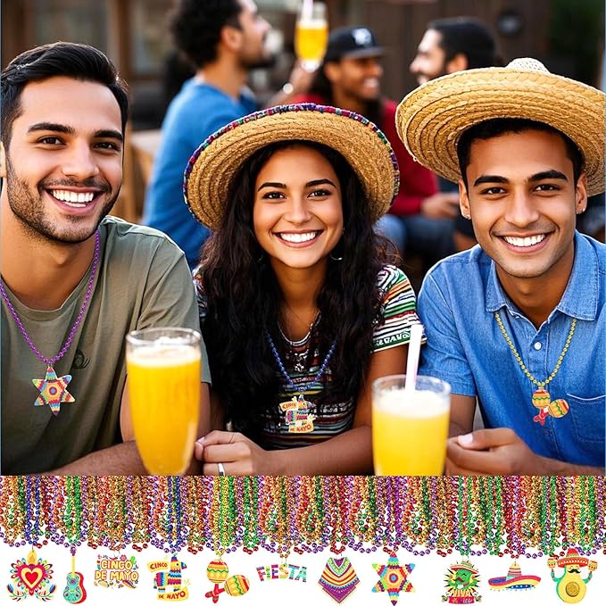 NOVWANG 24 Pcs Mexican Necklaces 12 Styles Cinco de Mayo Necklaces Multi Colors Fiesta Necklaces for Mexican Birthday Party Favors Supplies