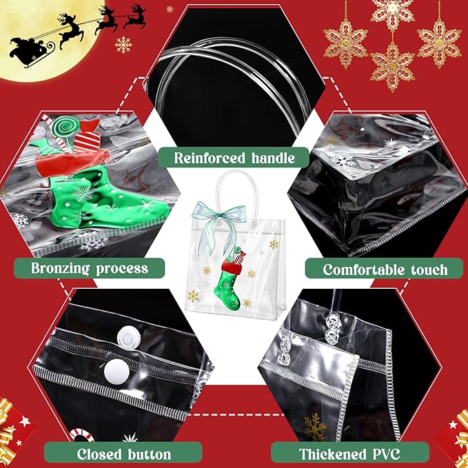 Henoyso 24 Pcs Christmas Clear Gift Bags Plastic Candy Treat Goodie Bags Red Foil Santa PVC Wrap Totes with Handles and Ribbon Xmas Party Favors (Green Christmas,7.8 x 7.8 x 3.1 Inch)
