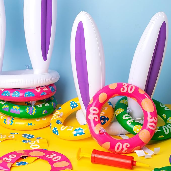 JOYIN Easter Inflatable Bunny Ears Ring Toss Game(2 Set 12 Rings), Inflatable Rabbit Toss Game, Indoor and Outdoor Game for Easter Party Supplies