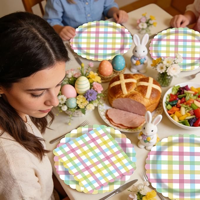 50PCS Easter Gingham Party Supplies - 7Inch Colorful Buffalo Plaid Scalloped Paper Plates and Napkins Set Disposable Dinner Cutlery for Easter Baby Shower Birthday Party, Serve 25