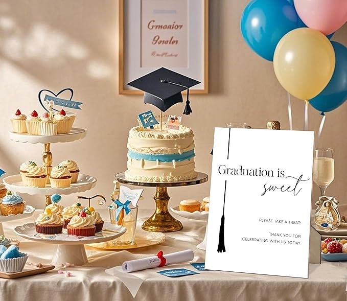 Graduation is Sweet Sign for Dessert Table, 8×11" Please Take A Treat Graduation Tassel Wooden Sign With Stand, 2025 Graduation Party Decorations Centerpieces for Tables, Congrats Grad Party Supplies