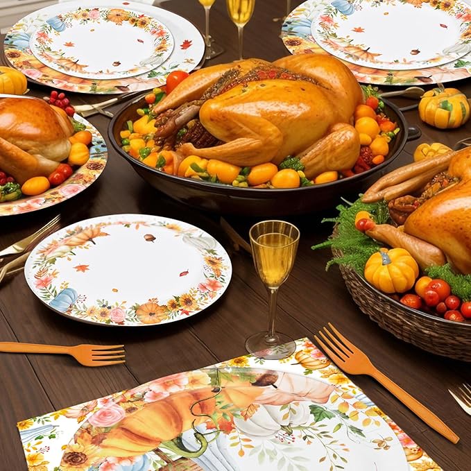 96 Pieces Thanksgiving Fall Plates and Napkins Tableware Set, Colorful Pumpkin Maple Disposable Dinnerware with Paper Plates, Napkin, and Fork for Thanksgiving Autumn Harvest Party Supplies- Serves 24