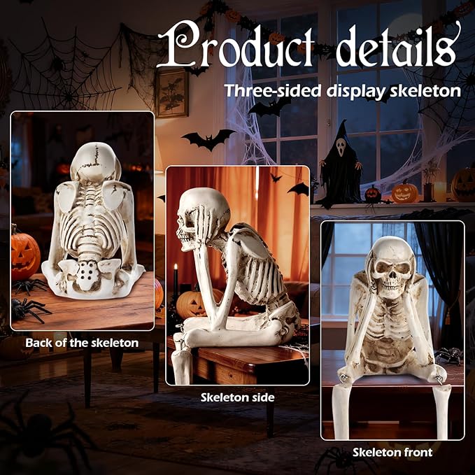 Skeletons for Halloween, 3 PCS See Hear Speak No Evil Statues, Realistic Skeleton Figurines, Halloween Mantel Decor, Skeleton Decorations Indoor Outdoor