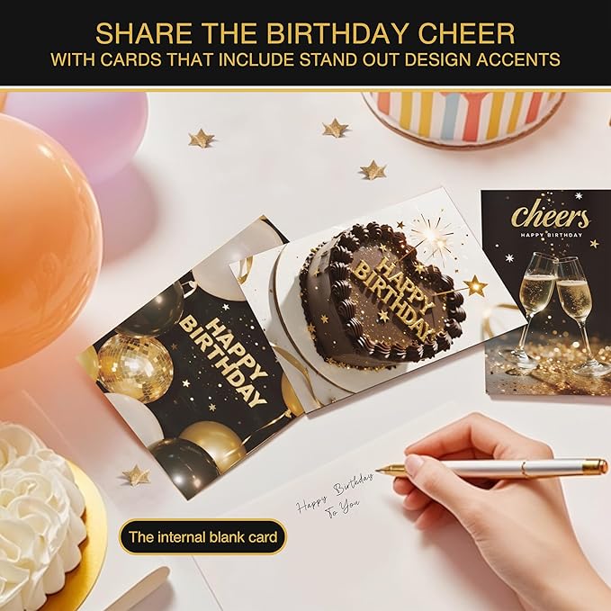 20 Pack Birthday Cards for Women, Messages, Envelopes, and Stickers | 4x6 Inch Happy Birthday Cards Bulk for Family, Kids, Friends, Work, and Office Celebrations. (20 Pcs Cards With Black and gold style)