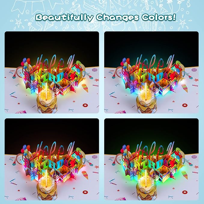 Olatay 3D Musical Birthday Popup Card, Blowable/Blow Out LED Light Candle and Play Happy Birthday Music for Kids Men and Women