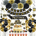 Retirement Party Decorations for Men Women, 92Pcs Black Gold Happy Retirement Decorations Include Balloons Retired Sash Banner Cake Toppers Hanging Swirls Paper Pompom Retired Party Supplies
