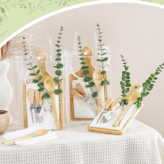 109PCS Baby Shower Prizes for Game Winners Bamboo Cheese Board Spoon Fork Butter Spreaders Plaid Towel Thank You Card and Gift Bags for Baby Shower Wedding Bridal Shower Favors (Bamboo, 12 Sets)