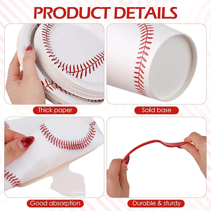 Kochorie 144 Pieces Baseball Party Supplies, Sports Tableware Sets Including Disposable Paper Plates Napkins Cups Forks Serves 24 for Birthday Sports Baseball Party Decorations