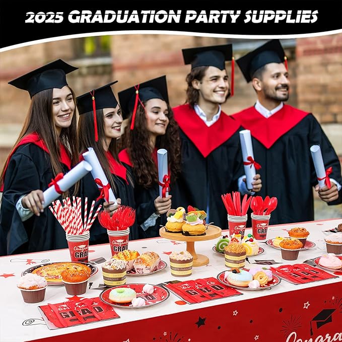 Graduation Party Supplies Congrats Grad Decorations Class of 2025, Disposable Plates and Napkins with Banner Tablecloth Cups Dinnerware Sets for Graduation Decor, Serves 24 (Red and White)