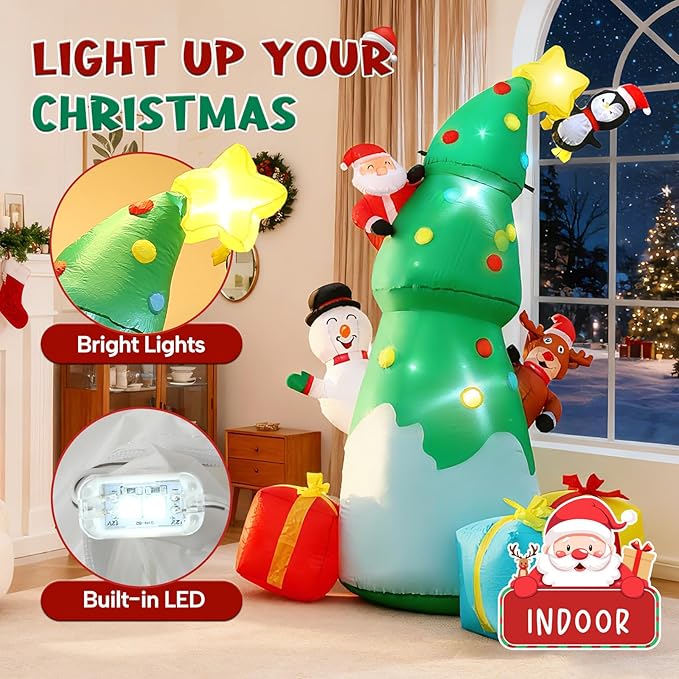 JOYHALO 7FT Inflatable Christmas Tree with Santa Snowman Penguin Reindeer Gift Box, Christmas Inflatables Outdoor Decorations with Bright LED Lights, Christmas Blow Up for Indoor, Lawn, Party Decor