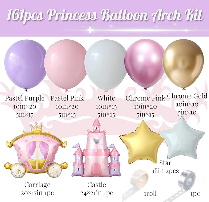 Princess Balloon Garland Arch Kit, 161pcs Pastel Pink Purple Chrome Gold Balloons with Castle Carriage Star Foil Balloons for Girls Princess Birthday Party Supplies Baby Shower Decorations