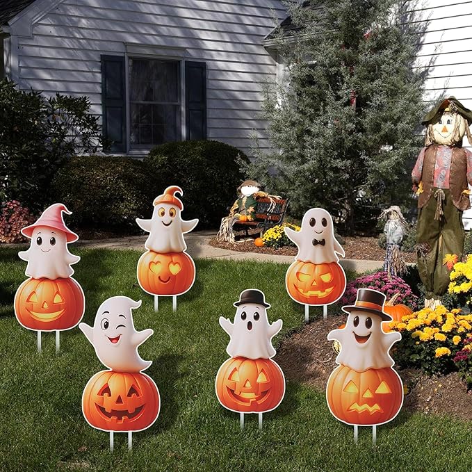 Outdoor Halloween Yard Signs, 6 PCS Cute Pumpkin Ghost Halloween Yard Stakes Kids Friendly for Lawn Garden Outside Home Decor