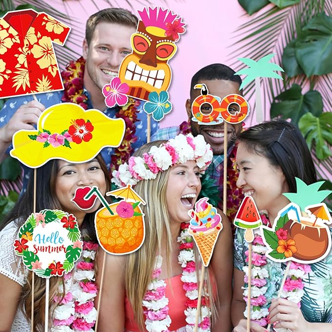 30 Pieces Luau Photo Booth Props Party Decorations Photo Props Hawaiian Themed Party Decorations Tropical Tiki Party Favors for Hawaiian Summer Pool Beach Birthday Wedding Party Supplies (Yellow)