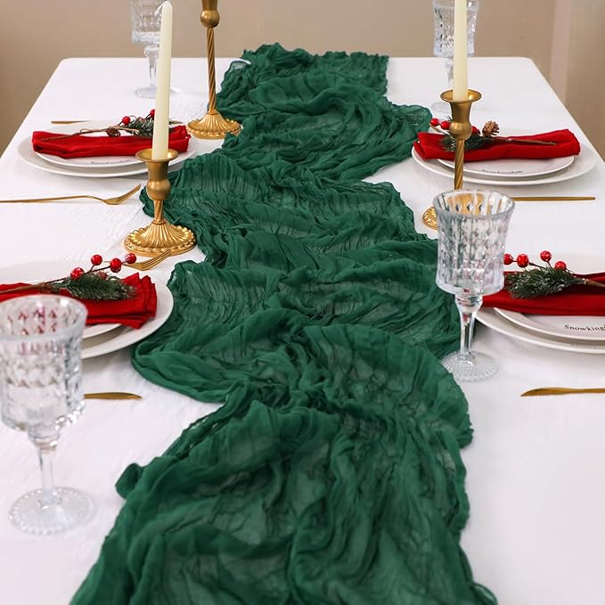 Snowkingdom 6 PCS Emerald Green Table Runner 120 Inch 10 Ft Rustic Boho Dark Green Cheese Cloth Runner for Wedding Bridal Baby Shower Birthday Party Christmas Sheer Gauze Home Table Centerpiece Deocr