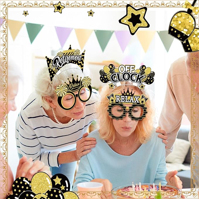 24 Pcs Retirement Party Decorations Paper Glasses and Headband Set for Men Women, Black Gold Happy Retirement Party Supplies, Funny Farewell Retired Photo Props Decor