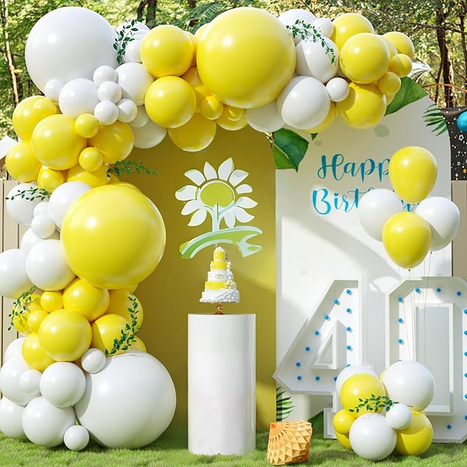 Yellow and White Balloon Arch Kit, 100pcs Matte Yellow White Balloon Garland Kit with Different Sizes Balloons for Sunshine Lemon Honeybee Popcorn Baby Shower Bridal Shower Birthday Party Decorations